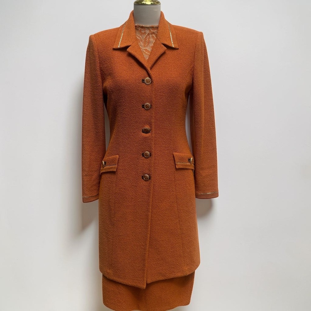 St. John Collection 3-Piece Skirt Suit 8 Orange Textured‎ Knit Embellished